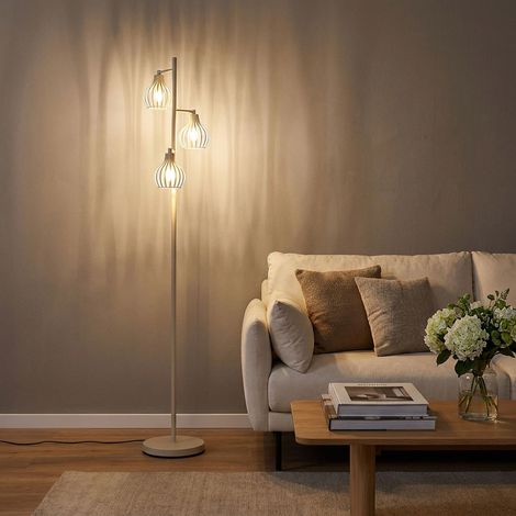 LED Stehleuchte Stehlampe Wohnzimmerleuchte Fußschalter Beige Metall H 161 cm (1/5)
