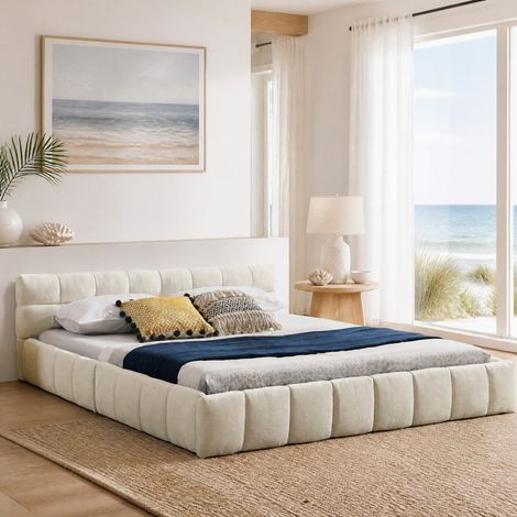 Letto 160x200 cm in ciniglia beige, legno e ferro, stabile, senza materasso - MEUBLIV (1/5)