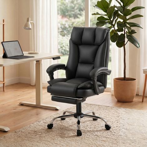 Fauteuil de bureau inclinable à 155° avec repose-pieds, double rembourrage et revêtement en similicuir noir (1/4)