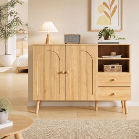 Aparador 118 x 35 x 82 cm con 2 puertas, 2 cajones y 2 nichos abiertos, madera natural OKMYHOME (1/5)