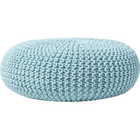 HOMESCAPES Pastel Blue Large Round Cotton Knitted Pouffe Footstool