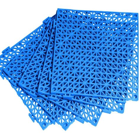 Lot de 8 dalles de sol emboîtables pour drainage de piscine, tapis de sol en PVC souple avec trous pour douche, sous-sol, garage, abri de jardin Bleu (1/5)