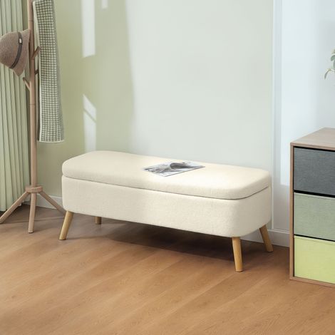 Aufbewahrungsbank mit 65 Litern Fassungsvermögen, bezogen mit Teddy-Stoff und Holzbeinen, gepolsterter Sitzfläche, Aufbewahrungshocker/Fußhocker für Schlafzimmer, Flur und Wohnzimmer, 120 x 42 x 45 cm