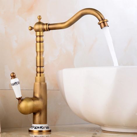 Rubinetto miscelatore vintage per lavello da cucina con maniglia in ceramica girevole a 360° e beccuccio alto. (1/4)