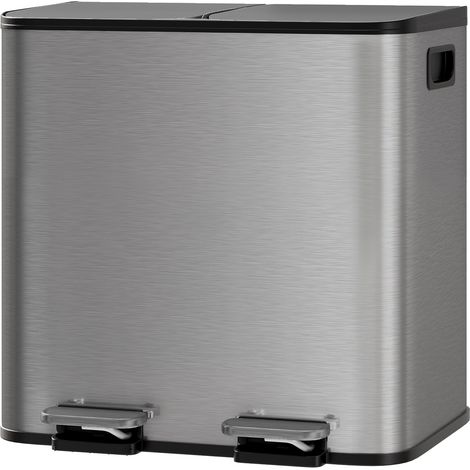 Poubelle de cuisine 30L en inox – 2 compartiments 15L, pédale, couvercle à fermeture douce, tri des déchets efficace, Gris (1/5)