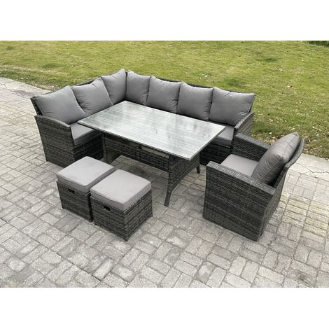 Fimous Outdoor Rattan Garden Furniture Corner Sofa Set with Rectangular Dining Table 2 Small Footstools Armchair Patio Wicker Rattan Set Dark Grey Mixed (1/5)