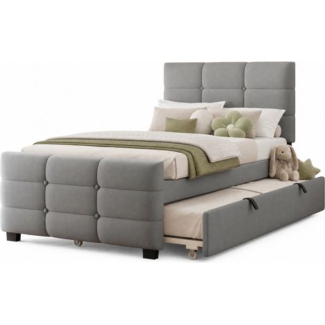 Lit rembourré 90 x 190 cm avec lit gigogne, tête de lit sobre à bandes verticales, velours gris, cadre stable et gain de place pour chambre enfant - CHICFURN (1/5)