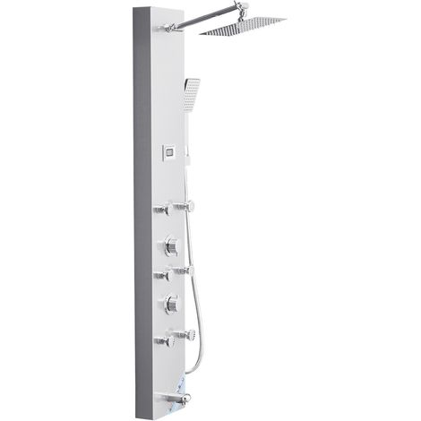 Mophorn Pannello doccia con torre multifunzione, soffione a pioggia, LED, colonna in acciaio inox spazzolato 1240 mm, rubinetto a 4 modalità, 6 getti massaggianti, doccetta e beccuccio per vasca