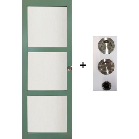 Porte Coulissante Vert Sauge Ral 6021 Vitrée H204 X L83 Cm, Coquilles, Tire Doigt Gd Menuiseries