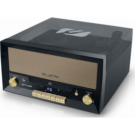 Platine vinyle Bluetooth avec lecteur CD – Alimentation 100-240V – Radio FM – Coffrage bois noir – Vitesse 33/45/78 tours – Muse (1/6)