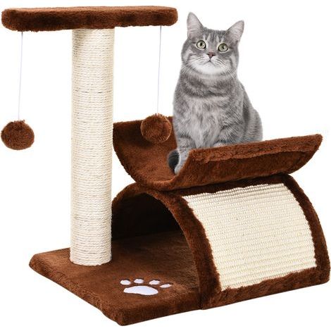 Albero per gatti 43 cm. Piccolo albero per gatti con tunnel, piattaforma a forma di U, tiragraffi con tavola per grattare, palla giocattolo, arredamento per gattini, marrone. (1/5)