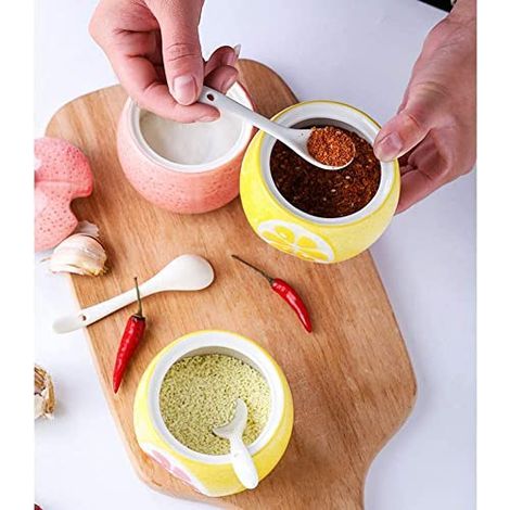Sucrier en céramique en forme de fruit, salière, poivrière avec couvercle et cuillère pot à épices (jaune) (1/5)