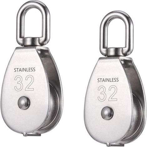 2 pièces - Poulie simple M32 - Poulie de levage rotative robuste en acier inoxydable - Galet de 32 mm - Argent - Roue libre en acier inoxydable 304 - Poulie fixe pour traction de câble en acier (1/5)