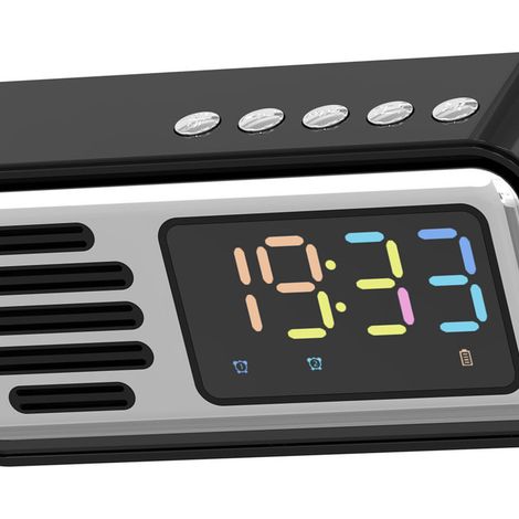 Réveil Bluetooth rétro créatif avec affichage numérique LED couleur, mini-enceinte de bureau, noir et argent (1/5)