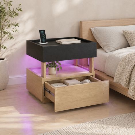 Mesita de noche inteligente con carga inalámbrica, USB y LED, 2 cajones, negro y madera OKMYHOME (1/5)