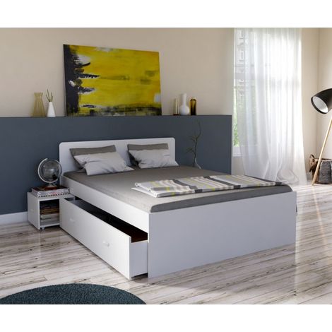 Le Quai Des Affaires – Lit double ZENIA 160x200 avec 2 tiroirs et 2 chevets – Structure en panneau de particules – Finition blanche – Dimensions 205x164x80 cm (1/6)