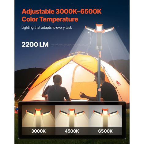 Projecteur LED sur trépied pliable, 8Ah sans fil rechargeable, 3 têtes amovibles, 2200 lm 3000K-6500K variable, éclairage chantier camping extérieur (1/5)