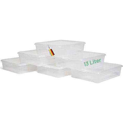 Lot 6 boîtes rangement 13 L , transparent , clip , sans BPA , 41x34x10 cm