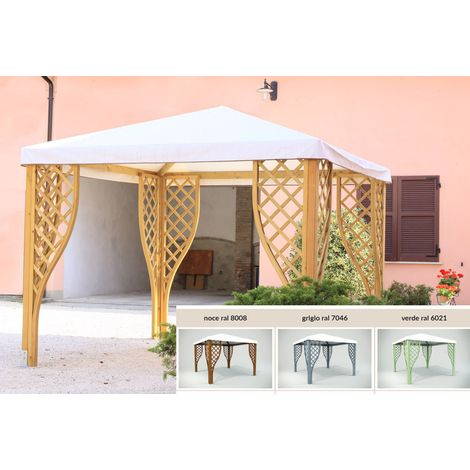 Gazebo 300x300 cm in legno di conifera impregnato in autoclave Color Noce con copertura pvc balcone terrazzo giardino. (1/5)