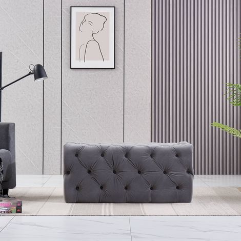 Petit pouf rectangulaire en velours Melia, banc ottoman, repose-pieds, design LUX, bouton détaillé, gris (1/3)