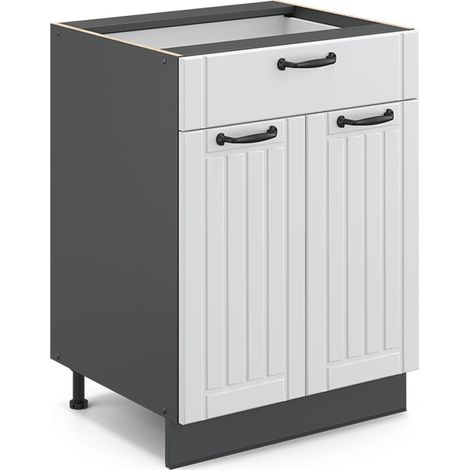 Mobiletto base per cucina Fame-Line, Bianco casa di campagna, 60 cm con cassetto, senza piano di lavoro, Vicco