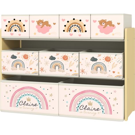 Etagère de rangement enfant 3 niveaux 9 boîtes en tissu non tissé jaune 93 x 30 x 70 cm
