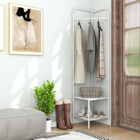 GOPLUS Porte Manteau d'Angle en Métal 194 CM, Porte Manteau sur Pieds avec Cintre Supérieur, 2 Étagères en Treillis et Kit Anti-Basculement, Charge 70 KG, pour Chambre, Couloir, Entrée (Blanc) (1/5)