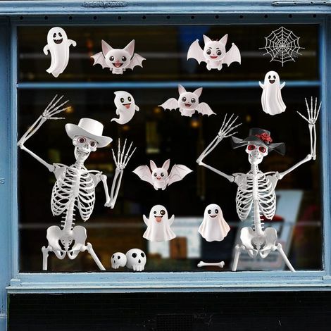 Set di 6 fogli di adesivi 3D per finestre a tema Halloween, con scheletri e fantasmi, ideali per decorare vetrine di casa e negozi (1/5)