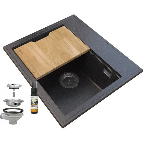Évier de Cuisine en Granit Granitan FOXAL avec Siphon et Planche – Noir Tacheté, Rectangulaire, 1 Bac. (1/5)