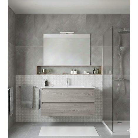 Conjunto Mueble de baño LOKI ya montado 2 cajones con patas, lavabo y espejo Roble Smoky 90x40 cm (1/2)