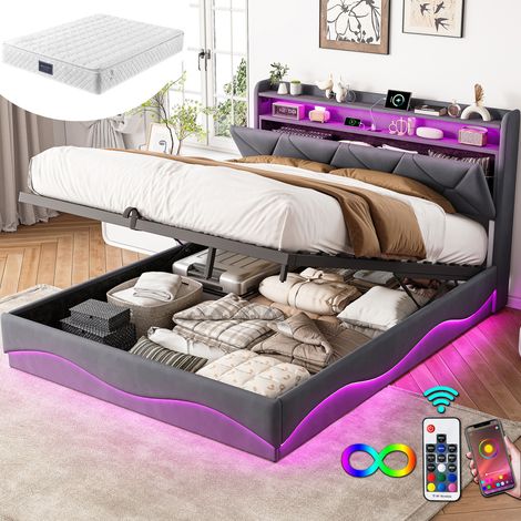 Lit coffre 160x200 cm dispositif de pression d'air Lit double lumière LED et port USB Lit rembourré tissu de velours - Gris Avec matelas (1/5)