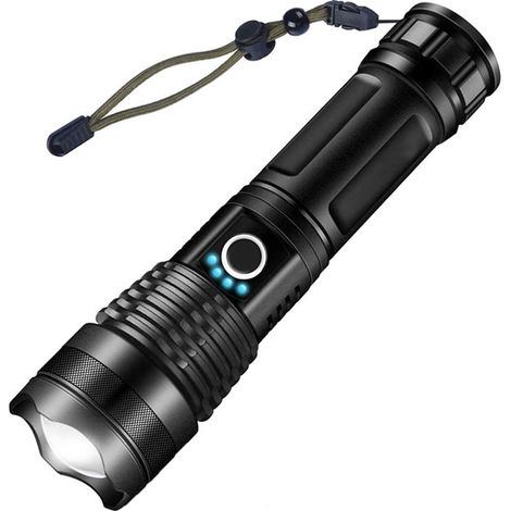Lampe Torche LED Ultra Puissante,USB rechargeable,5 Modes Torche Lampe de Poche Intensité Ajustable Zoomable étanche (1/4)