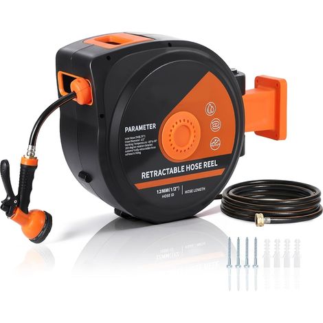 Enrouleur tuyau arrosage mural automatique 15m 1/2" métal renforcé anti-fuite anti-torsion UV jardin (1/5)