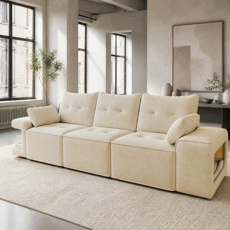 Canapé modulable 3 places en velours beige avec rangement, larges accoudoirs, niches pour animaux intégrées et 2 coussins, 229,5 cm – CHICFURN (1/5)