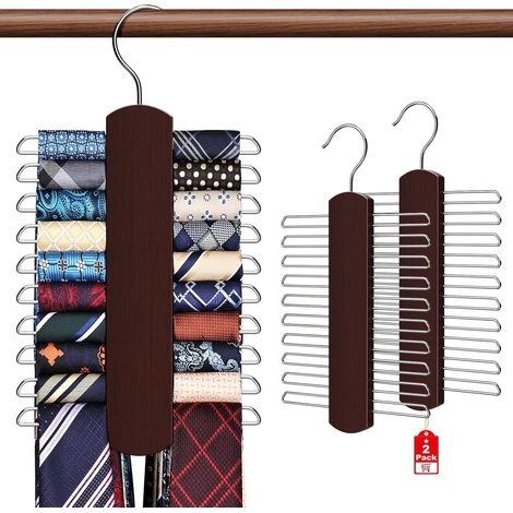 Porte-Cravates - Bois Naturel - Rotation 360° - Pour Porte-Classe ou Porte de Chambre - Support pour 40 Cravates Ceintures Écharpes - Lot de 2 (1/5)