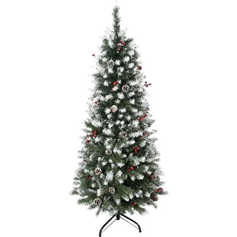 Árbol de Navidad artificial de 150 cm cubierto de nieve con bayas rojas y piñas blancas, base plegable extraíble, 408 ramas. (1/5)