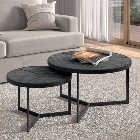 Lot de 2 tables basses rondes 70 et 50 cm en bois exotique noir