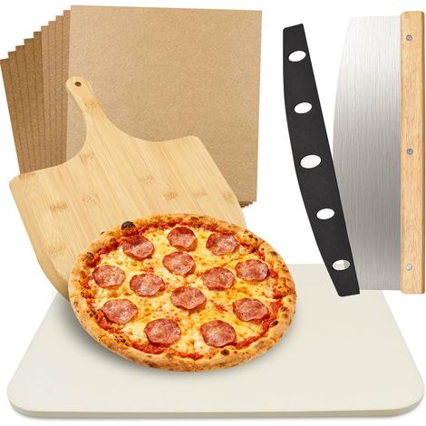 Lot de 4 Pierres à Pizza en Cordiérite avec Pelle à Pizza en Bambou, Coupe-pizza, 10 PCS Papier de Cuisson Siliconé, Résistant à Chaleur 800 °C pour Fours et Barbecues à Gaz, 38 x 30 cm (1/5)