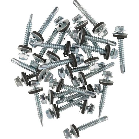 Packung mit 25 leichten Stahldachschrauben 5,5 mm x 50 mm (Größe 12 x 2) mit Sechskantkopf und selbstbohrender EPDM-Dichtungsscheibe (1/5)