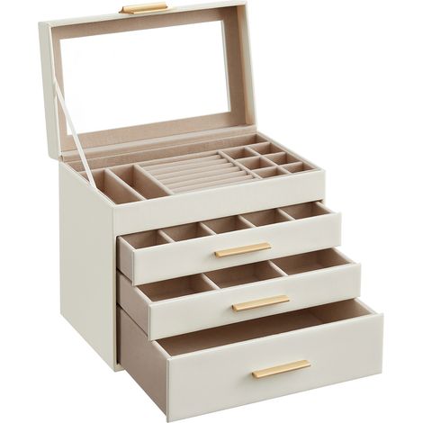 Songmics – Boîte à bijoux moderne 4 niveaux – Couvercle en verre – 3 tiroirs pour lunettes et accessoires – MDF et PU – Dimensions 15,3 x 25,1 x 21,5 cm (1/5)