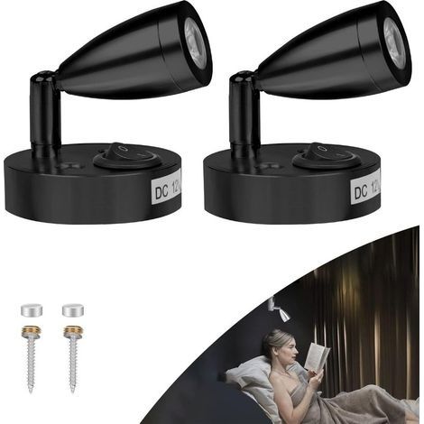 2x 3W 12V Lampe 12v Camping Car, LED Lampe de Lecture pour Bateau Caravane Voiture, avec son Propre Interrupteur, Lumière Blanche Chaude, 3000K, 220lm, 60 × 96mm, Noir (1/5)