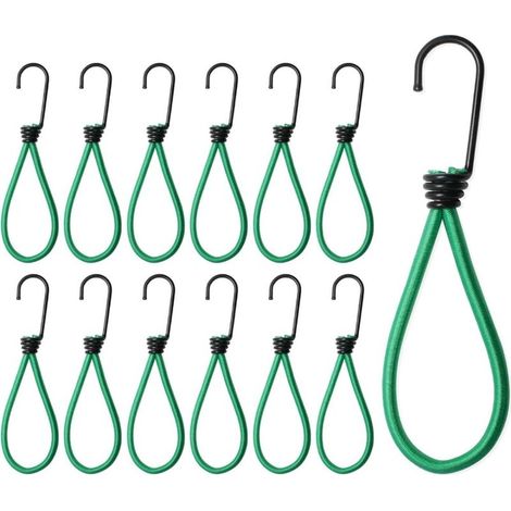 12 cordes élastiques robustes avec crochets, mini sangles extensibles pour camping, fixation bâches et toiles (vert) (1/5)