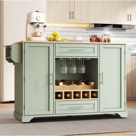 Carrello da cucina 138x45(70)x92 cm, piano estraibile, porta bottiglie, portasciugamani, MDF, verde antico (1/5)