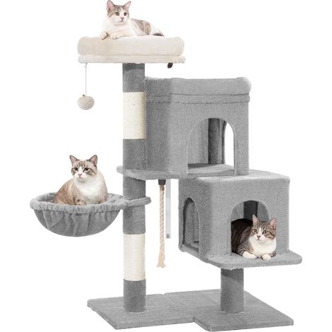 Albero per Gatti Alto 95 cm, Tiragraffi per Gatti con 2 Grotte Ampie, 2 Colonne Graffiatoio, 2 Piattaforme, un’Cestino, Grigio Chiaro (1/5)