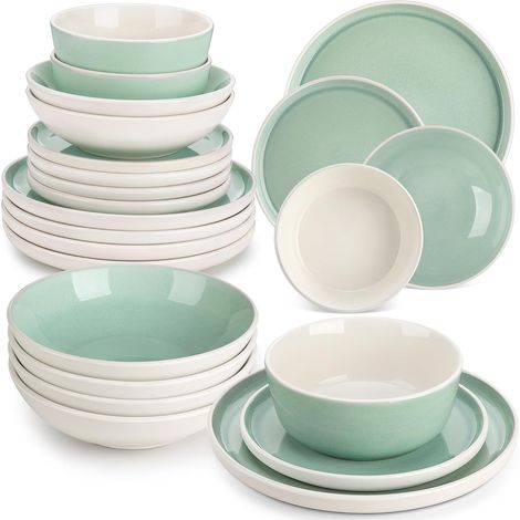 Assiettes Service Table 6 Personnes 24 Pièce Service Vaisselle Complet Grès Assiettes Plates Dessert Creuses Bols Compatible Micro-Ondes Vert (1/5)