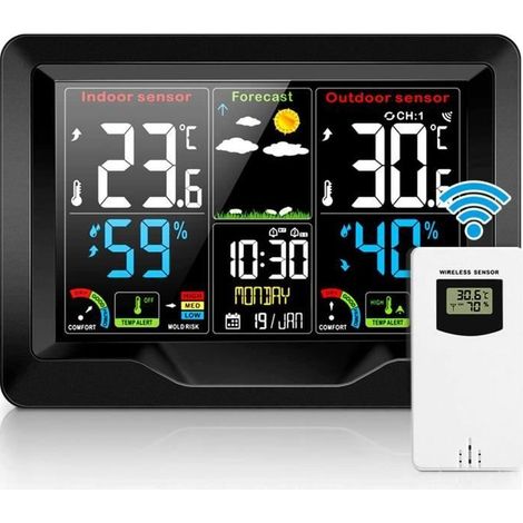 Station météorologique thermomètre intérieur et extérieur sans fil et moniteur d\'humidité avec affichage couleur LCD (1/4)
