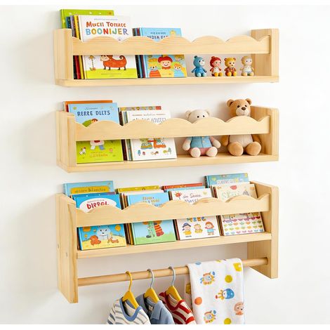 Lot de 3 Étagères Murales en Bois Massif 40cm, Tablette Murale pour la Décoration Murale et Le Stockage, pour Livres et Jouets, Bibliothèque Murale pour Chambre Salon Cuisine Salle de Bains (1/5)