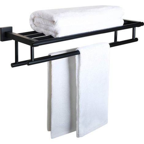 Double Wall-Mounted Bathroom Towel Bar, Towel Rack with Stainless Steel Shelf for Kitchen and Toilet, 60cm Length, Matte Black (1/5)
