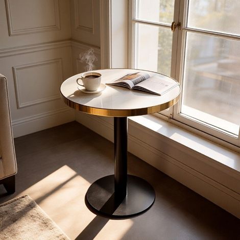 Table de salle à manger ronde - 60x60x74cm - Design bistrot haut de gamme style marbre urbain - Blanc et Or (1/5)