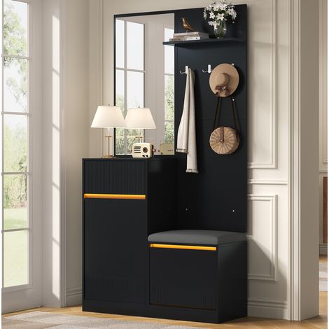Garde-robe d'entrée 105x38x190 cm en MDF noir, avec rangement pour entrée FloraGrace (1/5)